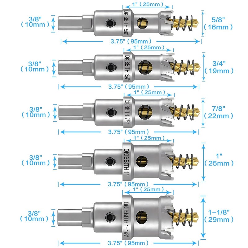 DKIBBITH 11 Pcs TCT Hole Saw Set,5/8” to 2” Heavy-Duty Tungsten Carbide Hole Saws Kit for Stainless Steel Hard Metal Plastic Wood, 1” Cut Depth, with Detachable Pilot Drill Bits, Allen Wrench - Image 2